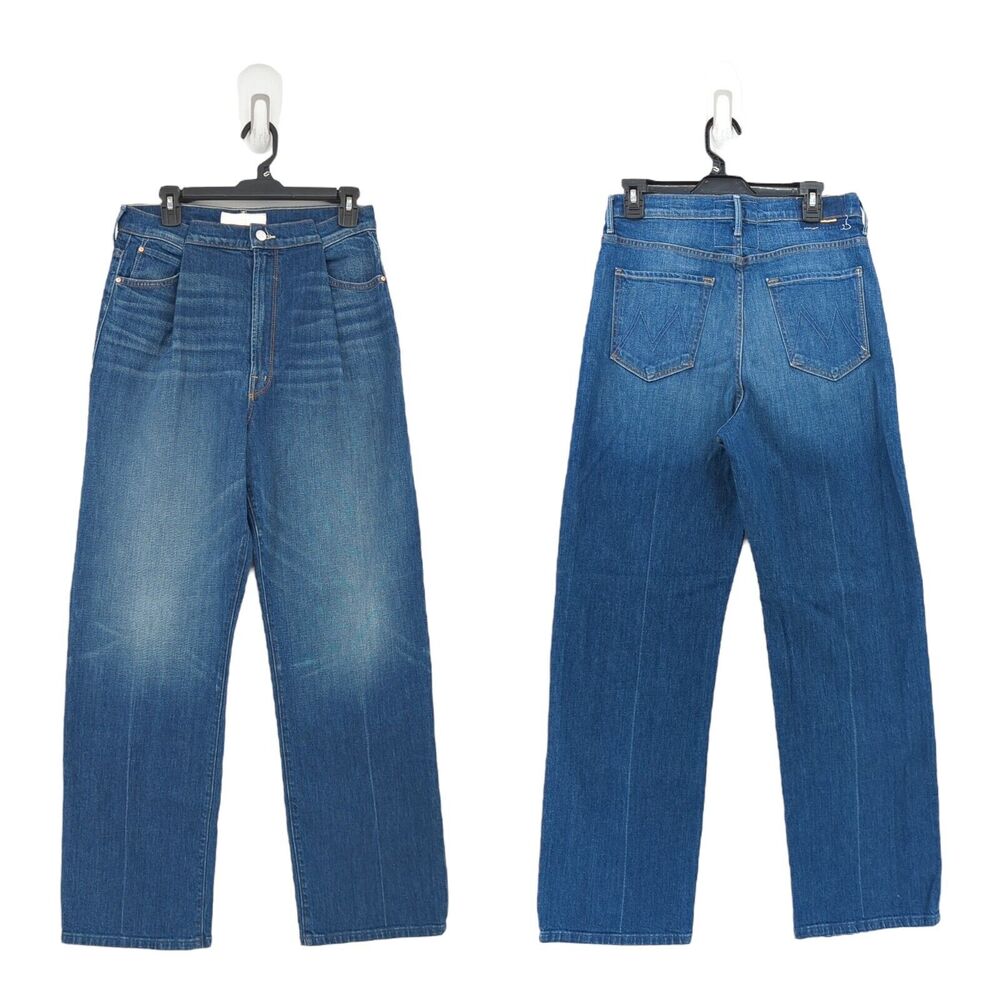 Mother Women 27 Pinch Sneak Jeans Blue Wide Leg Denim High Waist Pleated NEW - Picture 1 of 10